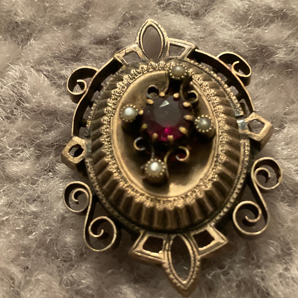 Vintage Gold And Red Gem Brooch